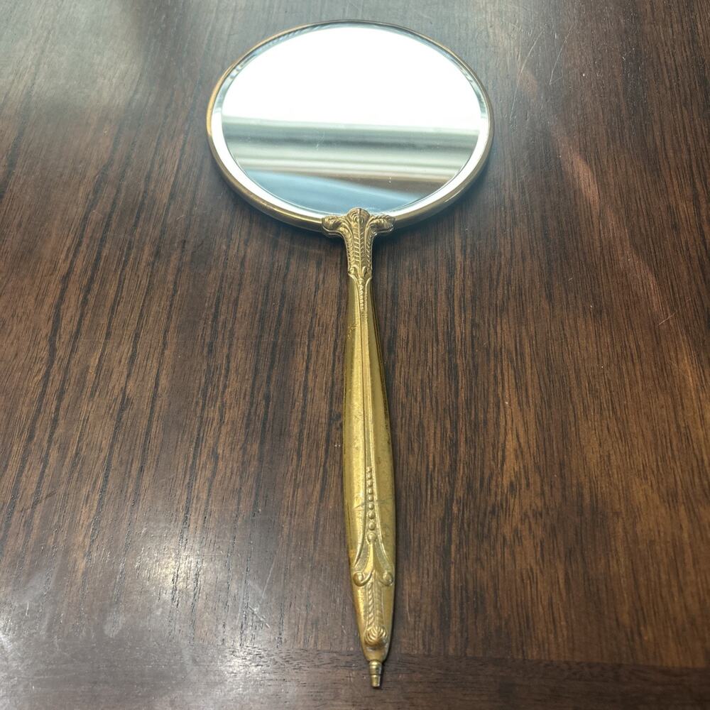 Vtg Art Deco Brass Hand Mirror Antique With Spiral Pattern